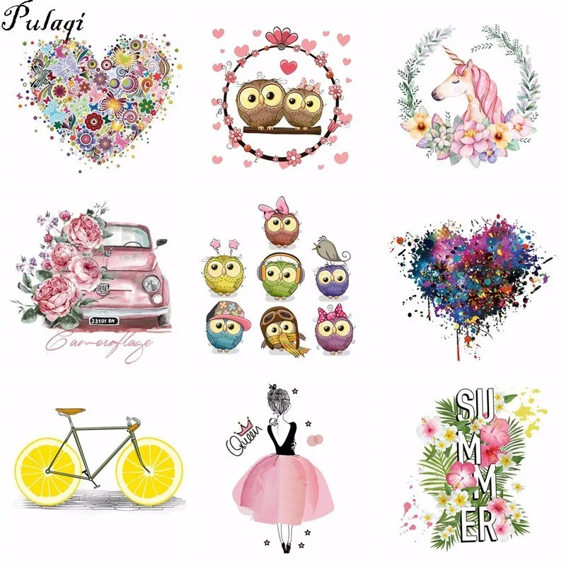 

Pulaqi Owl Animals Unicorn Iron on Transfers For Clothing Fabric Baby Kids Applique Badge Hot Vinyl Heat Transfer Stickers H