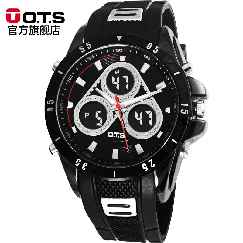 

OTS Quartz Mens Wristwatches Hodinky Military Rubber strap Cool Black Silicone Large Face LED Digital Outdoor Man Sports Watches