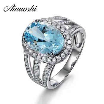 

AINUOSHI Luxury 4ct Big Oval Ring Natural Sky Blue Gemston Topaz Ring Solid 925 Sterling Silver Halo Ring Women Wedding Jewelry