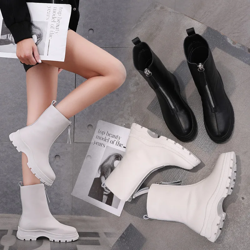 

Genuine Leather Women Winter Ankle Boots Martin Boots Off White Black Work Shoes Black Round Toe Female Boots Long Rain Boots