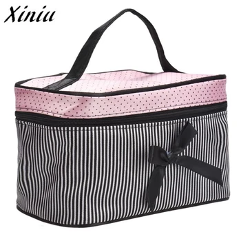 

Cosmetic Bag Bowknot Stripe Makeup Square Storage Box Make Up Organiser Container Pouch/Bag drop shipping #Zer