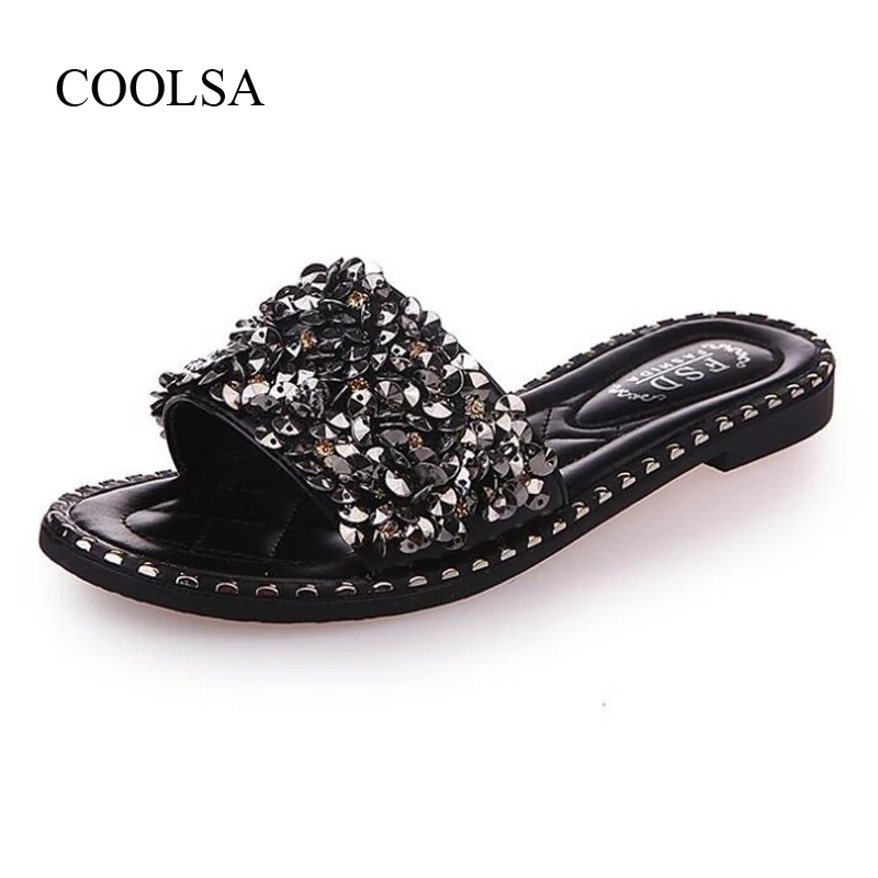 

COOLSA Women's Crystal Rivets Slippers Girl Summer New Beach Flat Flip Flops Female Fashion Leisure Slides Drop Shipping Hot