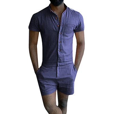 Мужские летние модные комбинезоны с короткими рукавами мужской растягивающийся костюм однобортные Короткие штаны-карго Топы штаны на молнии Комбинезоны - Цвет: Navy Blue