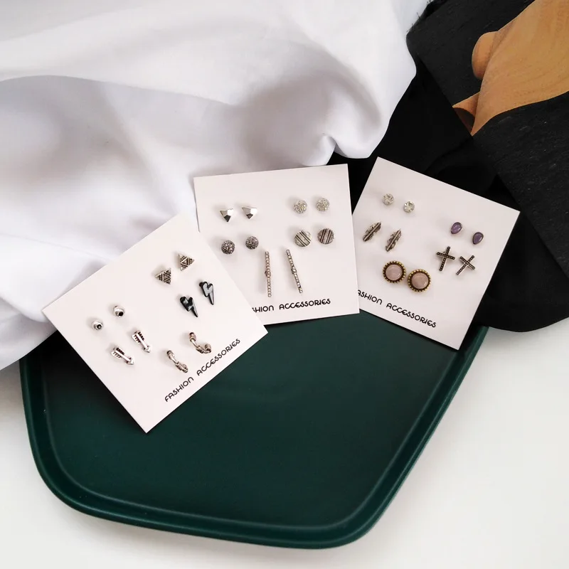 

Simple Vintage Lightning Cross Small Earrings Set Fashion Geometric Rock Studs