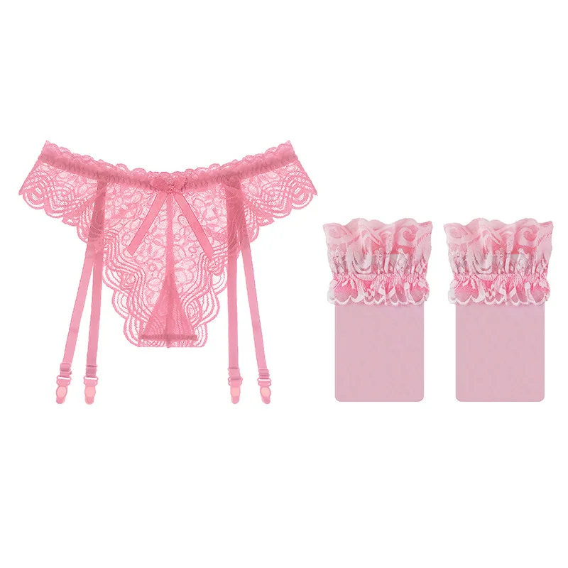 Pink Stockings Set Прозрачные кружевные сексуальные нейлоновые колготки, кружевные подвязки с поясом+ силиконовые сексуальные чулки для женщин, нижнее белье, сексуальное нижнее белье, свадебные подтяжки, набор - Цвет: Pink Stockings Set