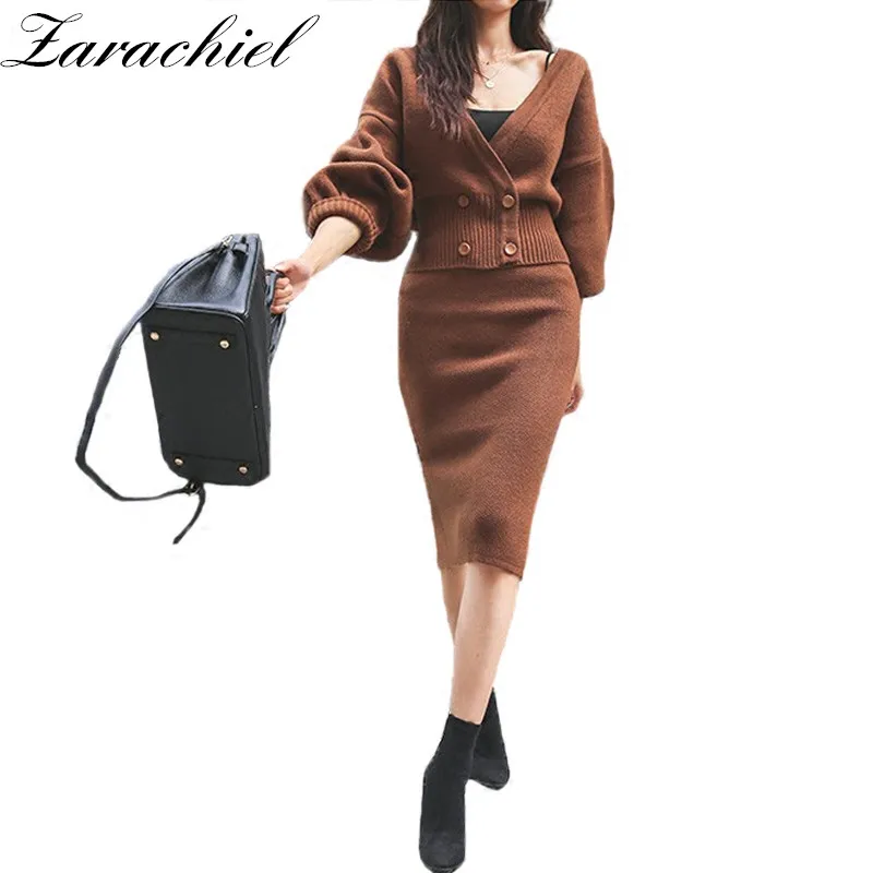 

New 2019 Winter Solid Women Knitted Wool 2 Piece Sets Deep V Neck Sweaters Coat+Slim Package Hip Skirt And Crop Top Set Suit