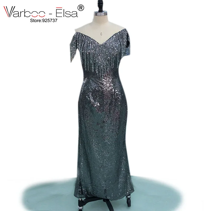 

VARBOO_ELSA Glitter Sequined Long Prom Dress Sexy V neck Off Shoulder Evening Dresses Beading Tassel Party Gown 2018 Custom Made