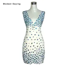 Real Photo Sexy Profundo V Volver Vaina Champagne Mini Party Vestidos de cóctel 2017 con Diamantes de Imitación Girls Short Prom Vestidos Formales NC1