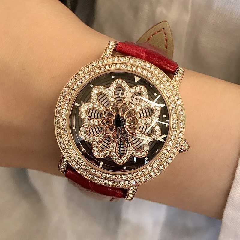 

New Snowflake Dial Rotation Watch Female Red Ladies Leather Strap Studded Fashion Waterproof Women's Quartz Watch reloj mujer