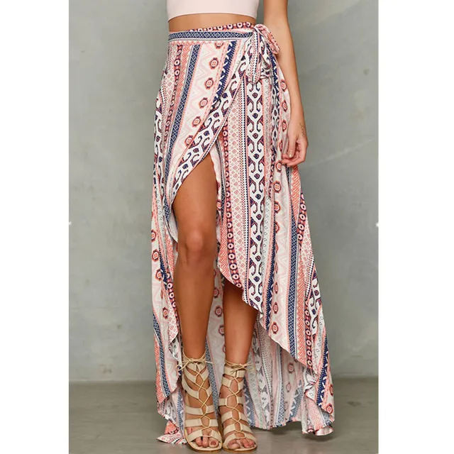 New 2017 Irregular Long Skirt Women Vintage Stripe Floral Print Side