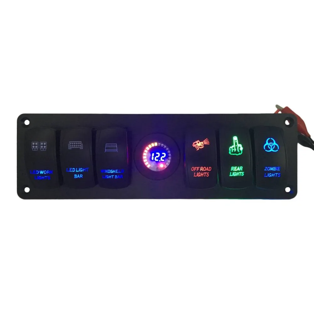 

6 Gang Universal Multifunctional Styling Car Switch 12V LED Rocker Switch Panel Colorful Light Circuit Breaker With Voltmeter