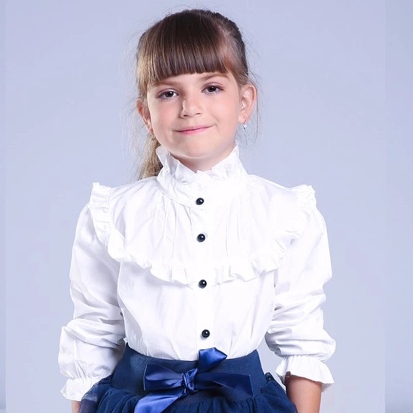 Girl Ruffled Shirt Kids White Clothes Teenager Slim Waist Blouse