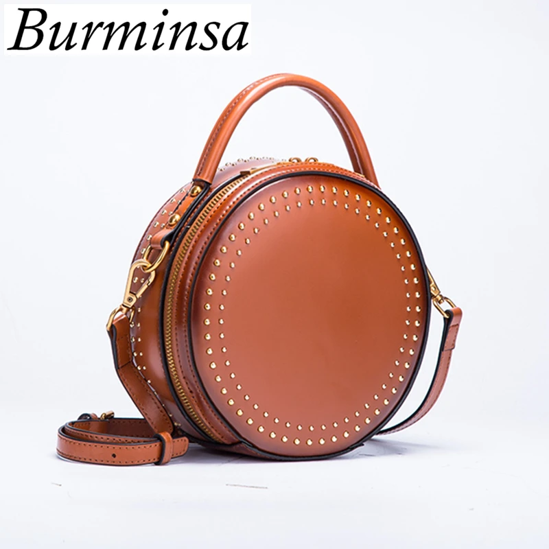 

Burminsa Elegant Rivet Round Genuine Leather Bags Small Women Handbags Female Shoulder Messenger Bags Girls Crossbody Bags 2018