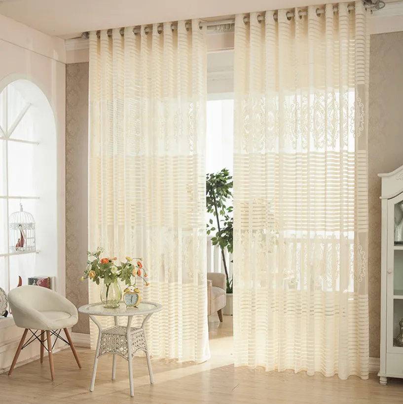 Light yellow Embroidery curtain tulle panel sheer yarn Balcony bedroom