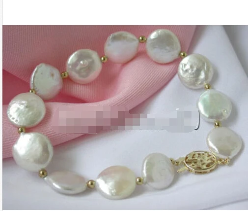 

> z65 lustrous 8" 13mm coin white freshwater pearl bangle bracelet gild clasp Natural >>> -Top quality free shipping