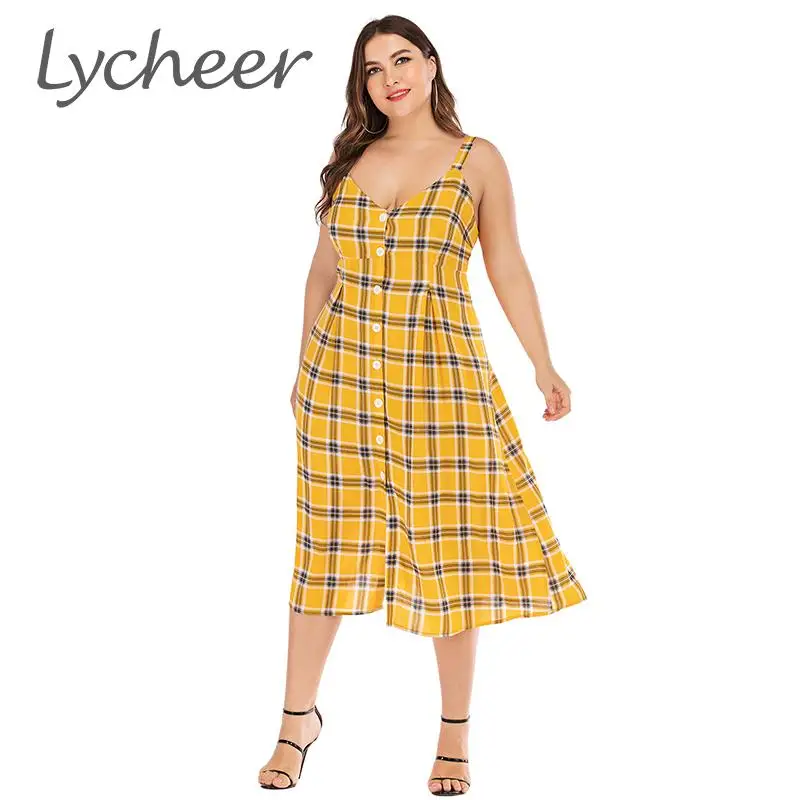 

Lycheer 2019 Plus size plaid button-up dress women dress Summer yellow midi sleeveless dress Vintage retro ladies casual vestido
