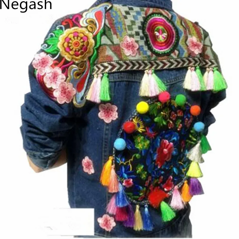 National Jaqueta Jean Fringe Bleu Floral Negash Bohême Main Veste Chaqueta Survêtement Gland Bordado Broderie Femmes Denim TwEXxqnI