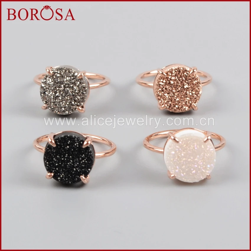 BOROSA Druzy каменное кольцо 12 мм круглое розовое золото черный серебряный цвет коготь