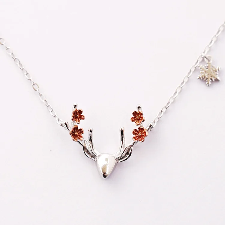 

HOT!New Real 925 Sterling Silver Cute Animal Christmas Deer Horn Necklace Pendant Sterling Silver Necklace Chain Brand Jewelry