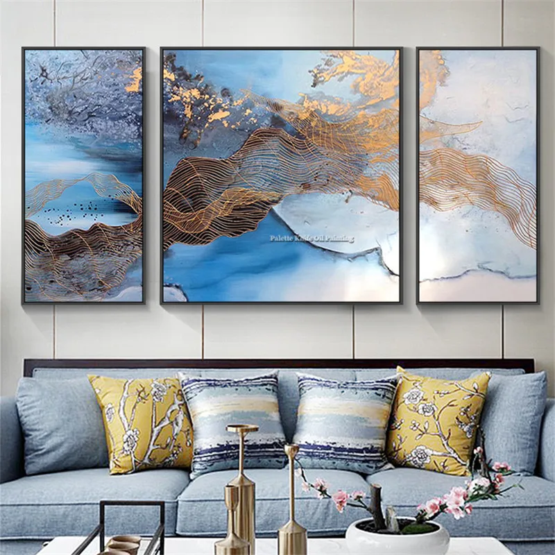 3 pieces abstract painting on Canvas blue acrylic painting Wall art Pictures for living room quadros caudros decor decoracion