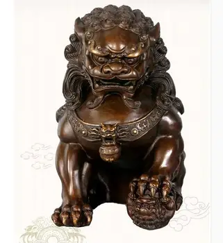 

Chinese folk Feng Shui red bronze lifelike Foo Dog beast Lion one Pair