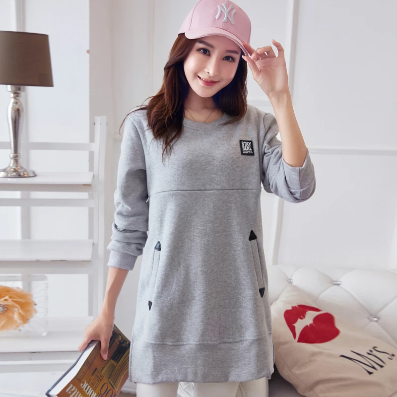Maternity Tee Shirts Loose Nursing Clothes Tops for Pregnant Breastfeeding T-Shirt with Pockets Pregnancy Clothing B0319