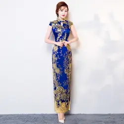 Элегантные Высокие разделение для женщин длинное Ципао Винтаж воротник стойка китайский стиль платье цветочный шоу на сцене падения Cheongsam