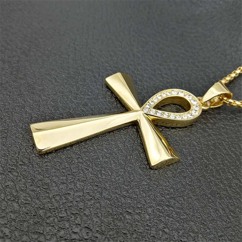 Египетский Iced Out Bling Ankh крест кулон ожерелье женщины мужчины ключ жизни золотой цвет нержавеющая сталь Стразы Египетские украшения