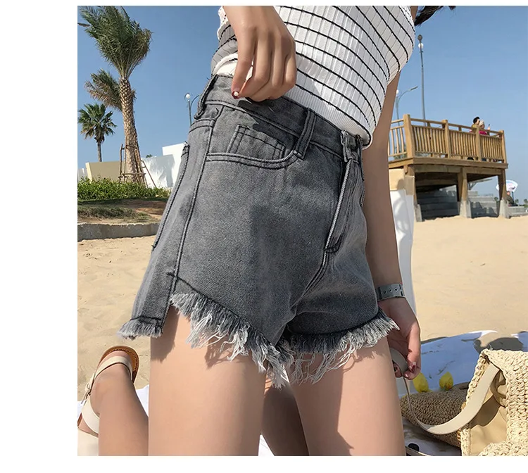 Летний ветер 2018 кисточкой Женский Синий середины талии Джинсовые шорты Для женщин носить свободные рваные бахрома джинсы шорты