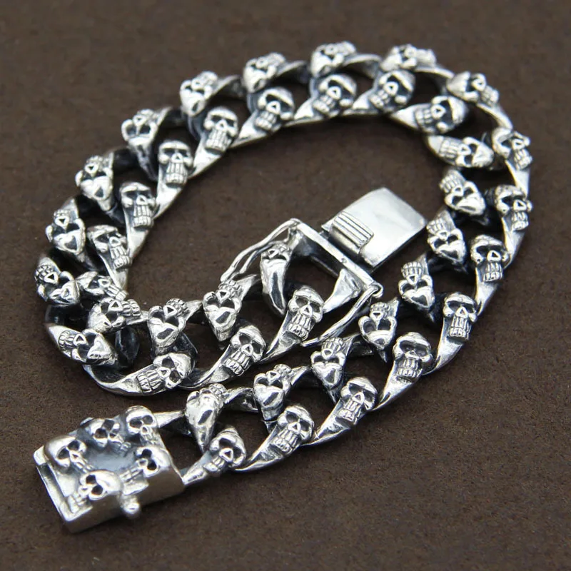 

925 Sterling Silver Bracelets Retro Thai Silver Skull Peace Buckle Men's Bracelet Long Paragraph Rough Personality Punk Style