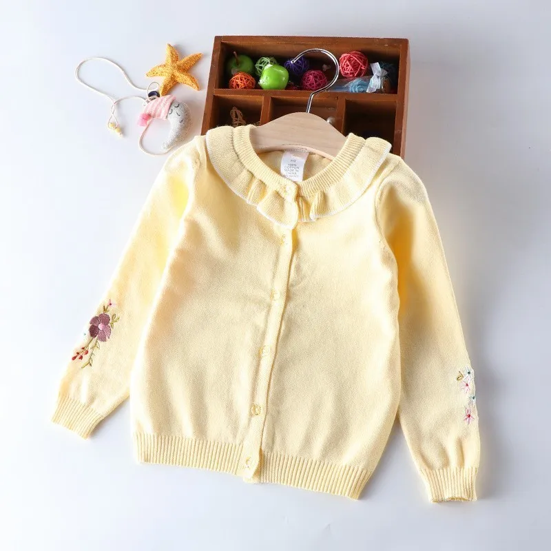 Детский кардиган для девочек; свитера с вышитыми цветами и оборками; детская одежда; детский пуловер; бутики; сезон осень-зима - Цвет: yellow 1