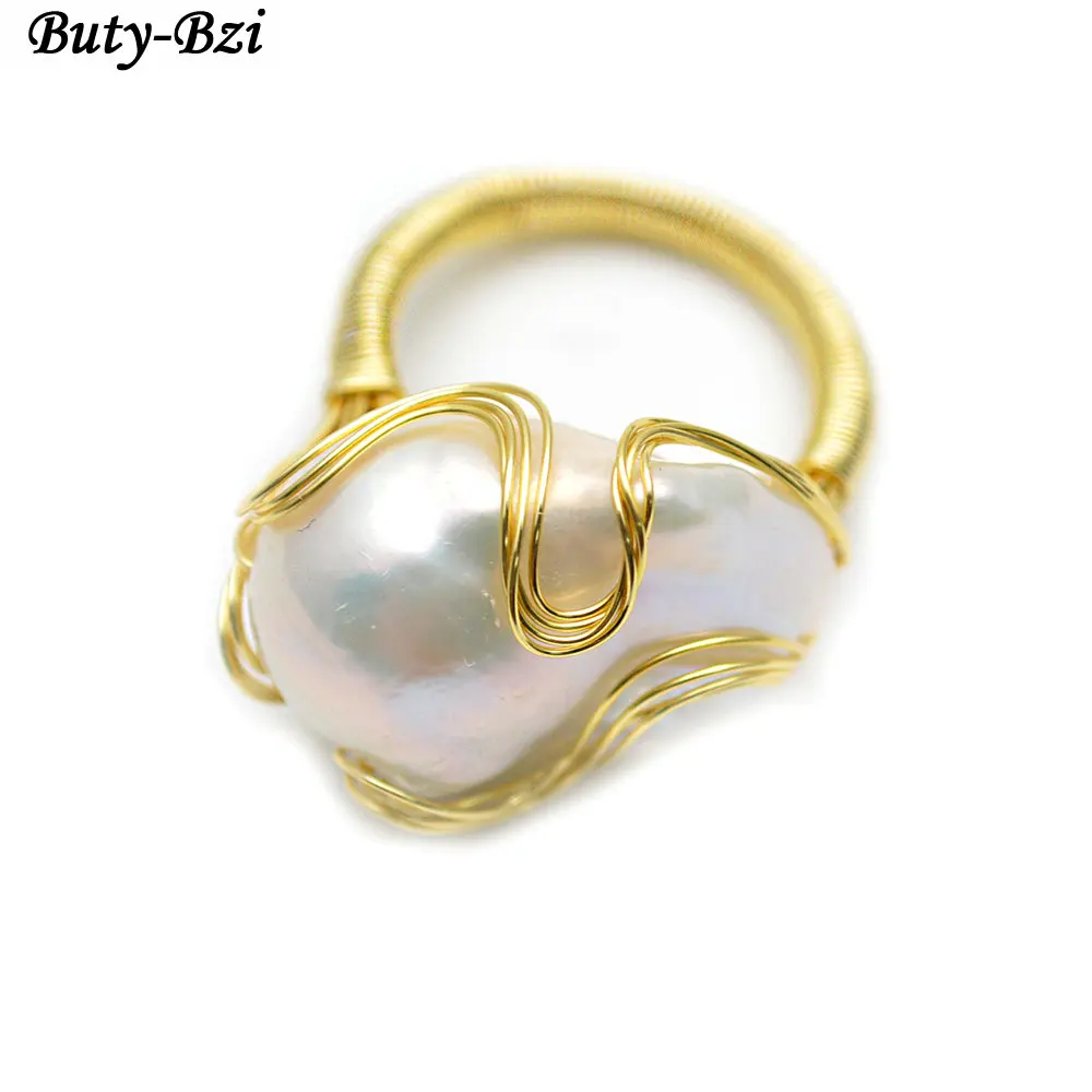 1pc High Quality Handmade Natural Fresh Water White Pearl Big Baroque Beads Wire Wrapped Rings Fashion Woman Party Jewelry