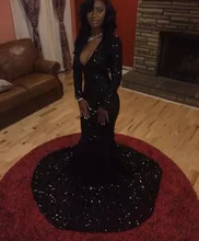 Sexy Schwarzen Pailletten Mermaid Abendkleid Tiefem V-ausschnitt Lange hülse Prom Kleider Günstige Partei Kleid 2016 Vestido De Festa Longo