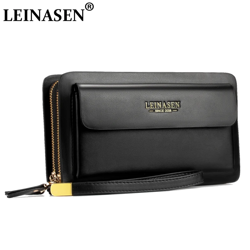 

LEINASEN Brand Men Wallets with coin pocket zipper Double Zipper Male Wallet long Large Men Purse coin clutch bag black Business