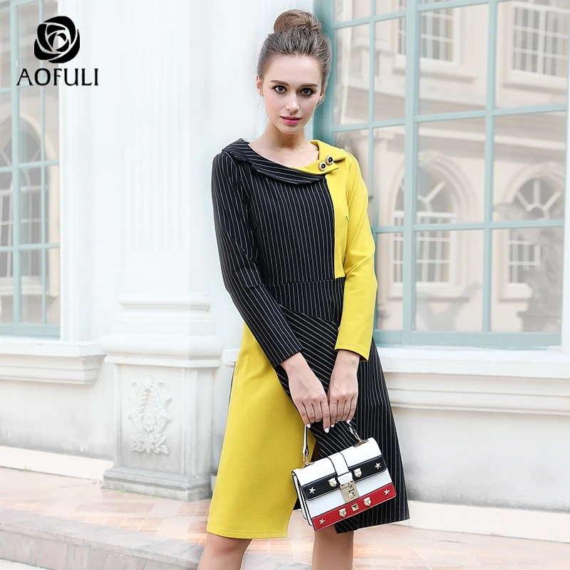 

AOFULI M- XXL 3XL Runway design asymmetrical dress Plus size autumn long sleeve knee-length stripe print dress Yellow B6269