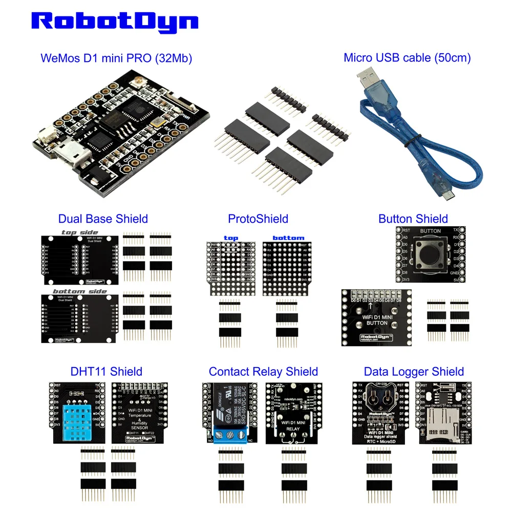 IoT KIT WeMos D1 Mini PRO ESP8266 32Mb Shield Set Dual ProtoShield Button Relay Data Log
