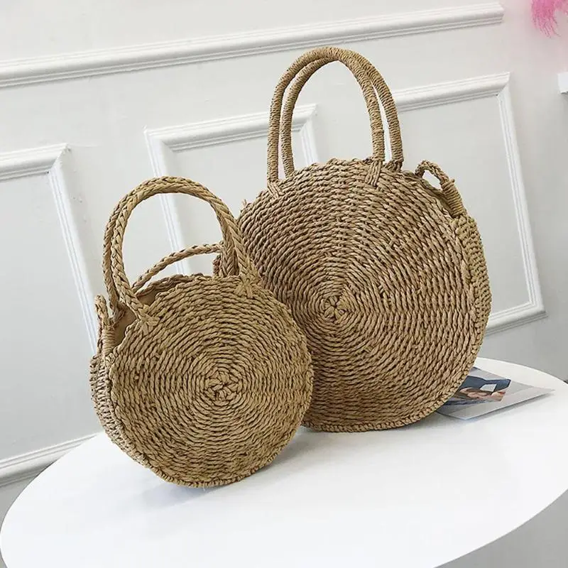 

Woven Retro Rattan Woven Straw Round Handbag Women Shoulder Beach Messenger Totes mini Straw Bag Circle Handbag