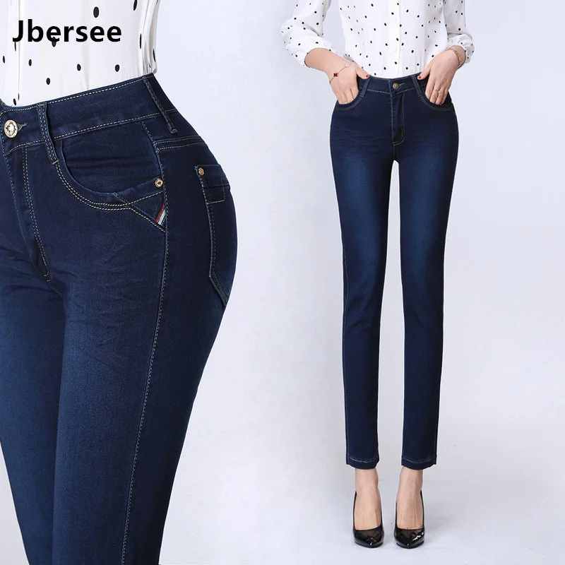 

Jbersee Spring Autumn Women's Straight Jeans Stretch High Waist Jeans 9 Points Jeans Woman Large Size Denim Pants Trousers