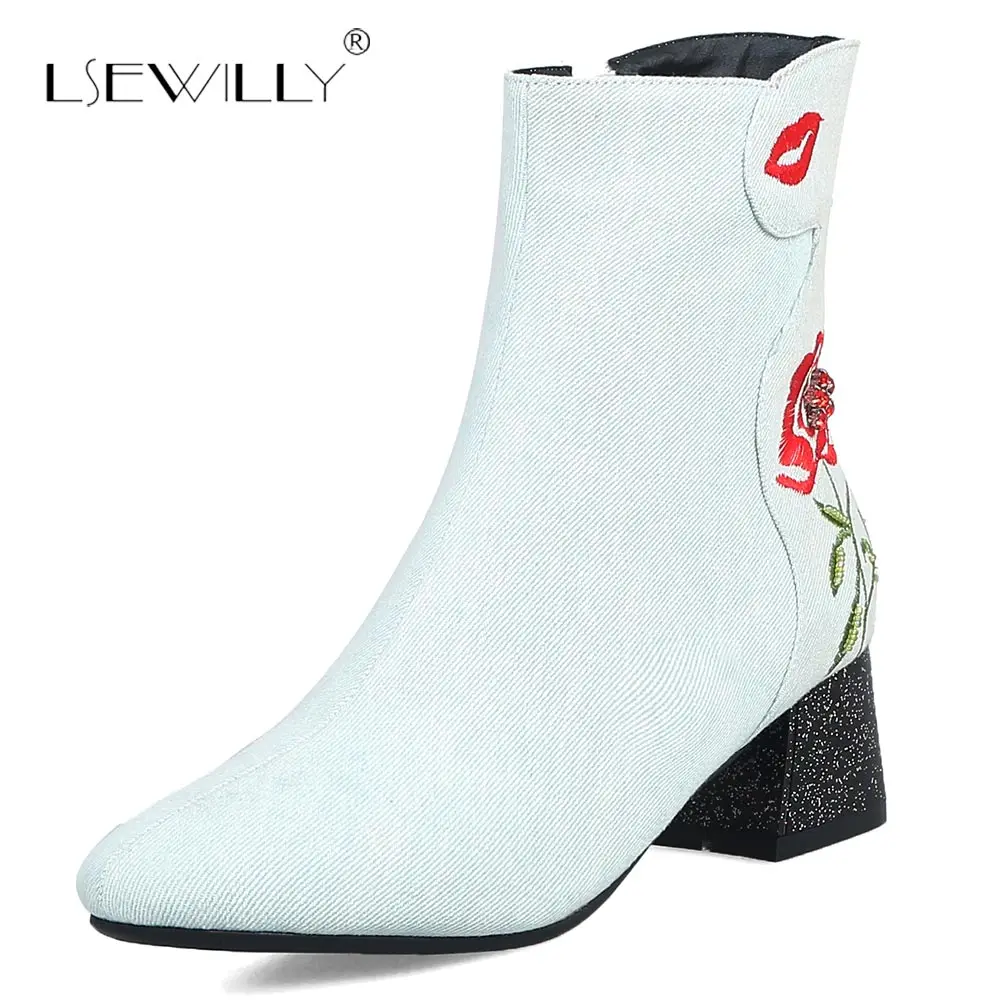 

Lsewilly New retro style Martin boots embroidery pointed toe thick heel women's shoes embroidered flower denim ankle boots S846