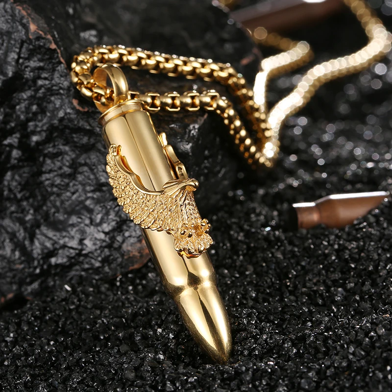 

Hip Hop Jewelry Gold Rock Eagle Bullet Pendant 316L Stainless Steel Fashion Style Necklace Men Chain Gold Color Titanium Steel