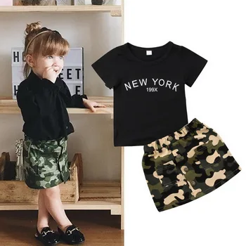 

DHL 500set Baby Girl clothes round neck short sleeve letter print Top + Camouflage Button pocket Skirts Toddler cotton Outfit