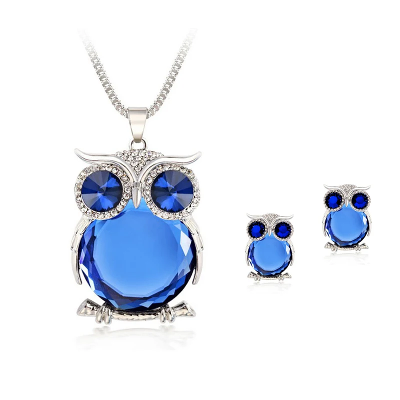 8 Colors Trendy Owl Jewelry Sets Fashion Rhinestone Crystal Jewelry Statement Women Gold Silver Chain Necklace And Earrings 
