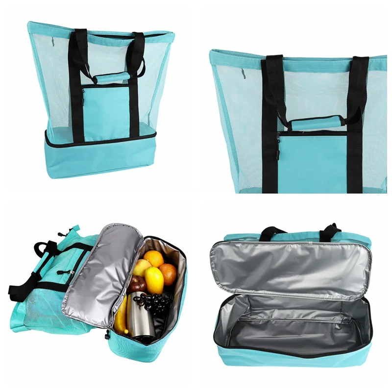 

For Picnic Beach Pool Gym Travel Double Layers Zipper Top Mesh Beach Tote Bag With Insulated Cooler Compartment
