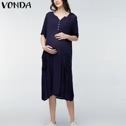 Для беременных Одежда 2018 Лето Повседневное свободные до середины икры платье короткий рукав с v-образным вырезом для беременных Для женщин