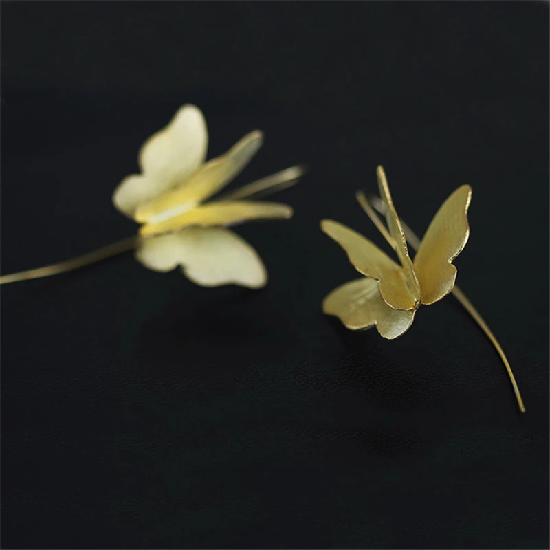 Lotus Fun Real 925 Sterling Silver Natural Creative Handmade Fine Jewelry Gorgeous 3D Butterfly Drop Earrings for Women Brincos