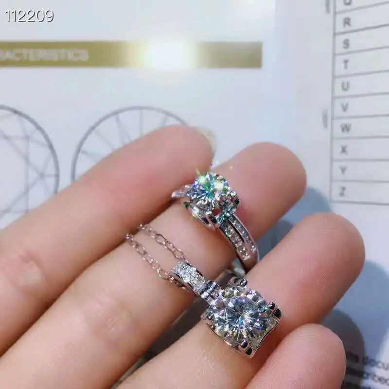 Видео! 8 мм moissanit алмаз s925 стерлингового серебра Классические тонкие комплекты украшений для женщин свадебные белый драгоценный камень, кольцо для ключей, брелок
