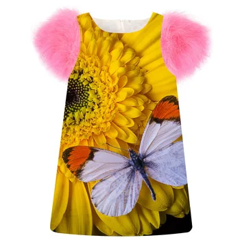 

Girls Dress fashion printing Butterflies and sunflowers Spring/Autumn faux fur sleeve girls dress Children Clothing