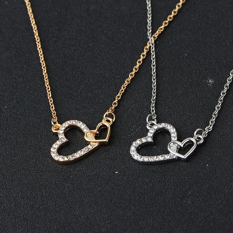 Double Heart Silver Pendant Necklace 