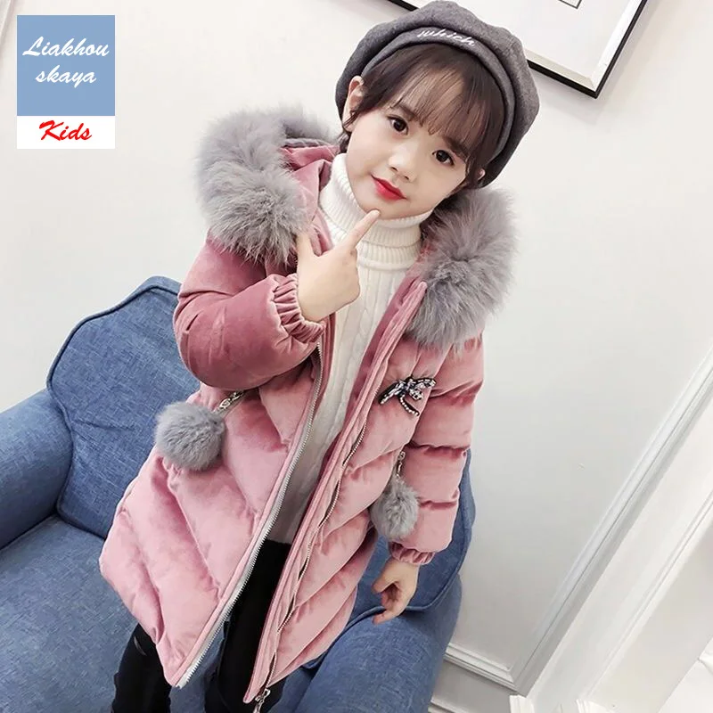 Liakhouskaya/ г.; детская зимняя куртка для девочек; пальто; парки для девочек в Корейском стиле; Верхняя одежда с меховым капюшоном; пальто для подростков - Цвет: Pink