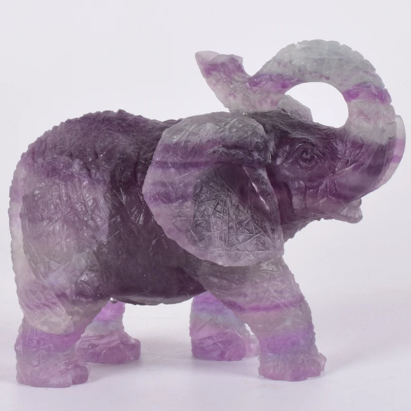 

Gems Crafts Statue Elephant Semi Precious Fluorite Hand Carved Wild Animals Crystal Figurine Gemstone Carving healing Art Decor